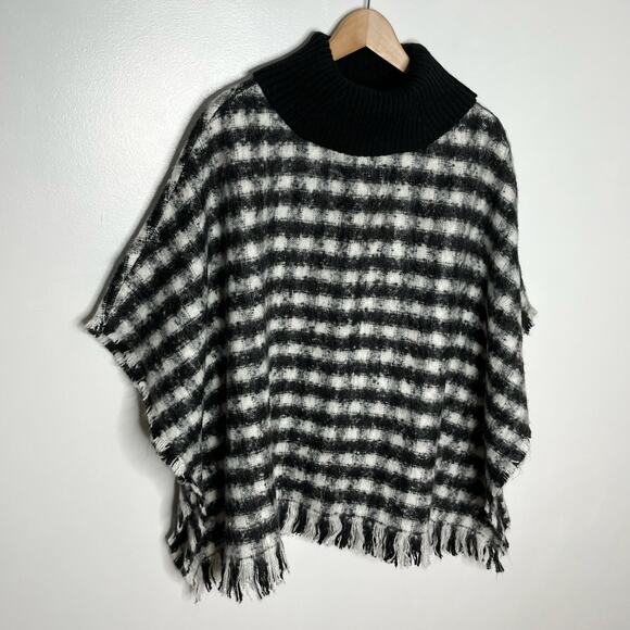 Chicos Woven Knit Poncho Sweater Womens S/M Black White Houndstooth Turtleneck - Picture 5 of 12